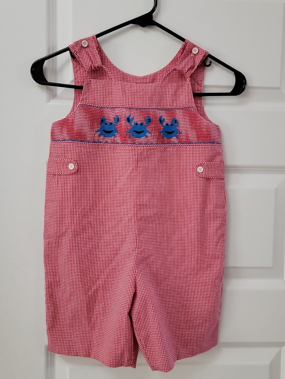 Mom & Me boys boutique red white checked crabs overall romper 3 years EUC